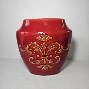 Short Red Embossed Vase Ceramic Fleur De Lis Traditional